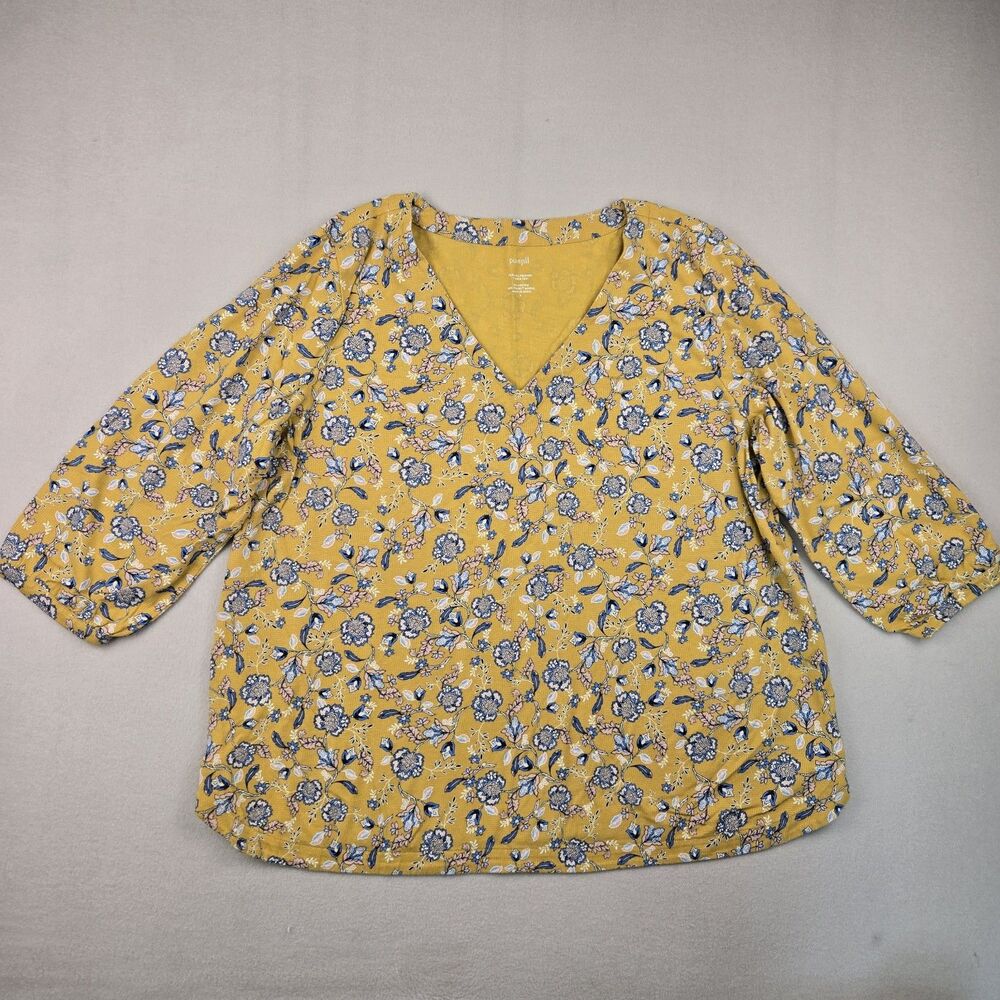 Pure Jill J.Jill Floral V-Neck Top Size Large Gold Blue Cotton Tencel 3/4 Sleeve